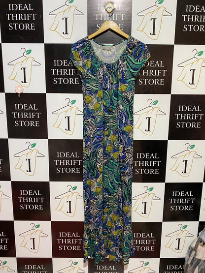 WALLIS |S| BUST 16| B38| BLUE AND GREEN SHORT SLEEVE SUMMER SUN_DRESS WITH FRONT TIE
