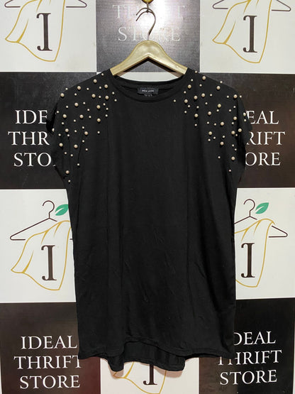 NEW LOOK |L| BUST 21| B38| BLACK PEARL EMBELLISHED TOP - CHIC CAP SLEEVE ROUND NECK CASUAL BLOUSE TEE
