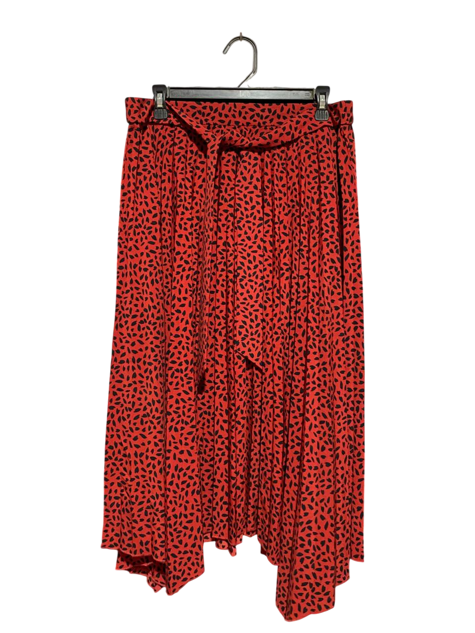 DOTTI |XL| WAIST 32| B38| HIGH-WAISTED RED AND BLACK LEOPARD / ANIMAL PRINT PLEATED MAXI SKIRT WITH TIE-BELT