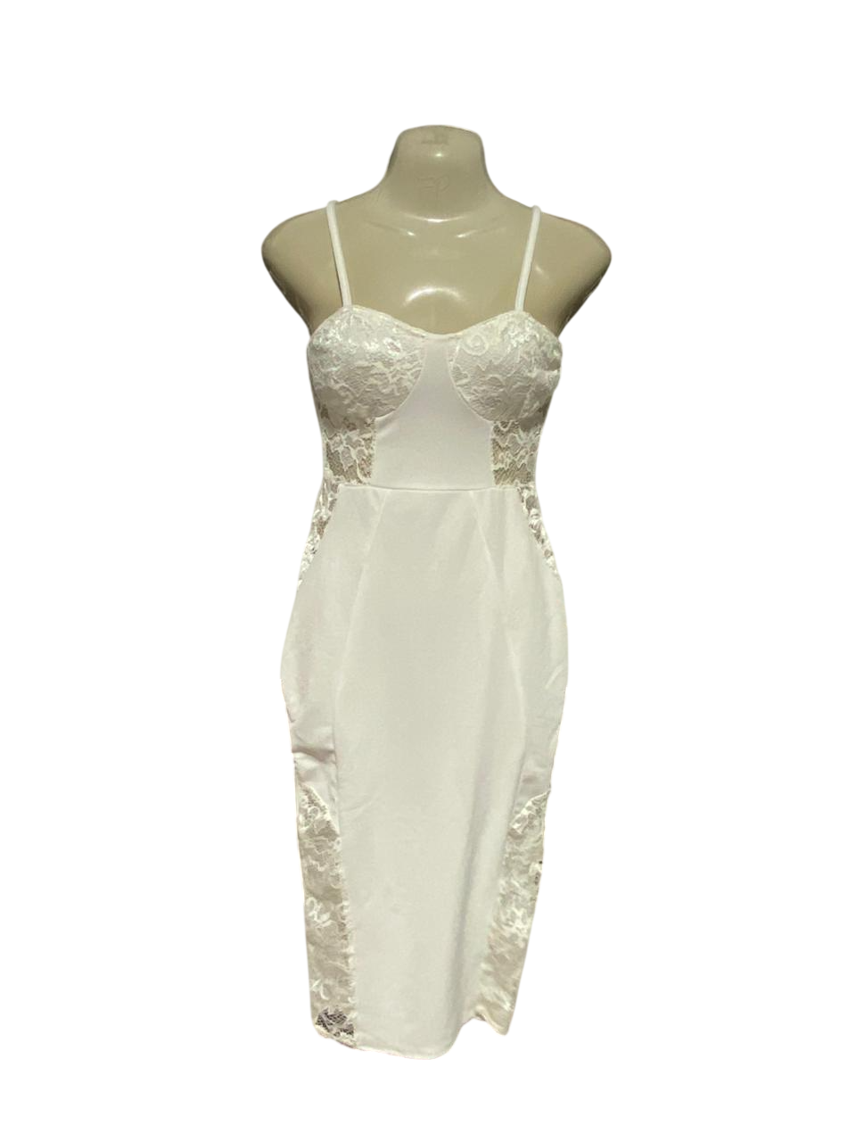 PRETTYLITTLE THING |S| BUST 15| B38| ELEGANT WHITE LACE PANEL BODYCON DRESS