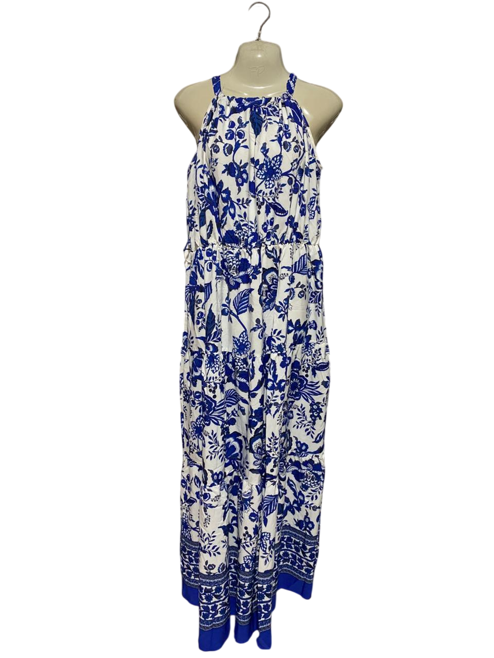 SHEIN |L| BUST 20| B39| ROYAL BLUE AND WHITE FLORAL HALTER MAXI DRESS