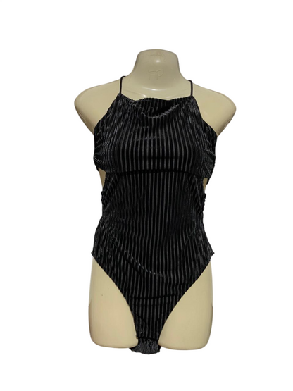 |S| BUST 16| B39| PREMIUM BLACK VELVET STRIPED HALTER BODYSUIT
