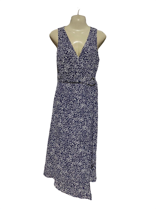 WARE HOUSE |S| BUST 16| B39| NAVY BLUE AND WHITE DOTTED WRAP MIDI DRESS