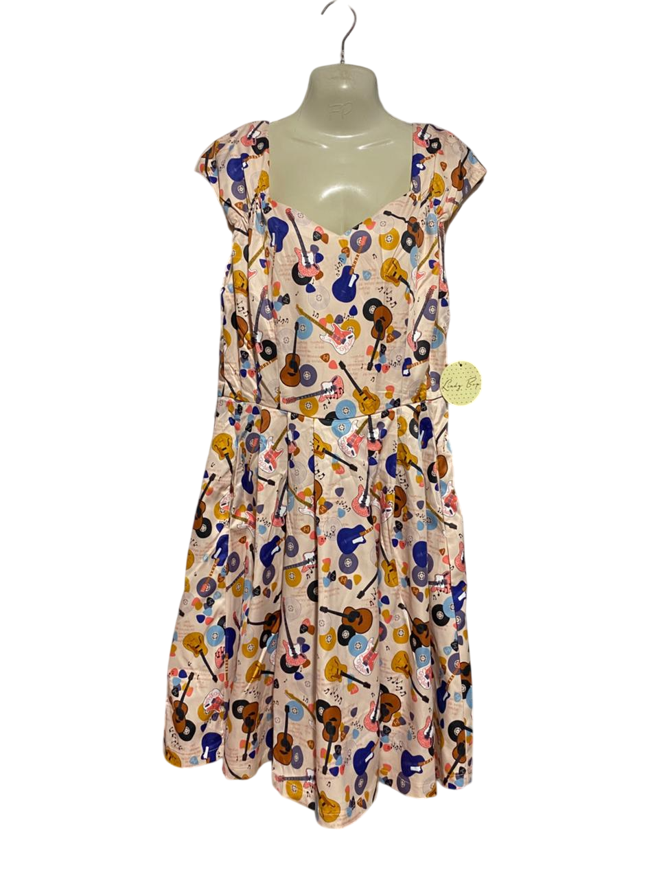 LINDY BOP |L| BUST 19| B39| VINTAGE RETRO GUITAR PRINT A-LINE DRESS
