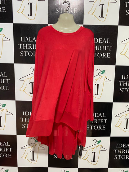 ROMAN |XL| BUST 23| B39| VIBRANT RED LONG SLEEVE ASYMMETRICAL HI-LOW TUNIC TOP - CASUAL OVERSIZED BLOUSE
