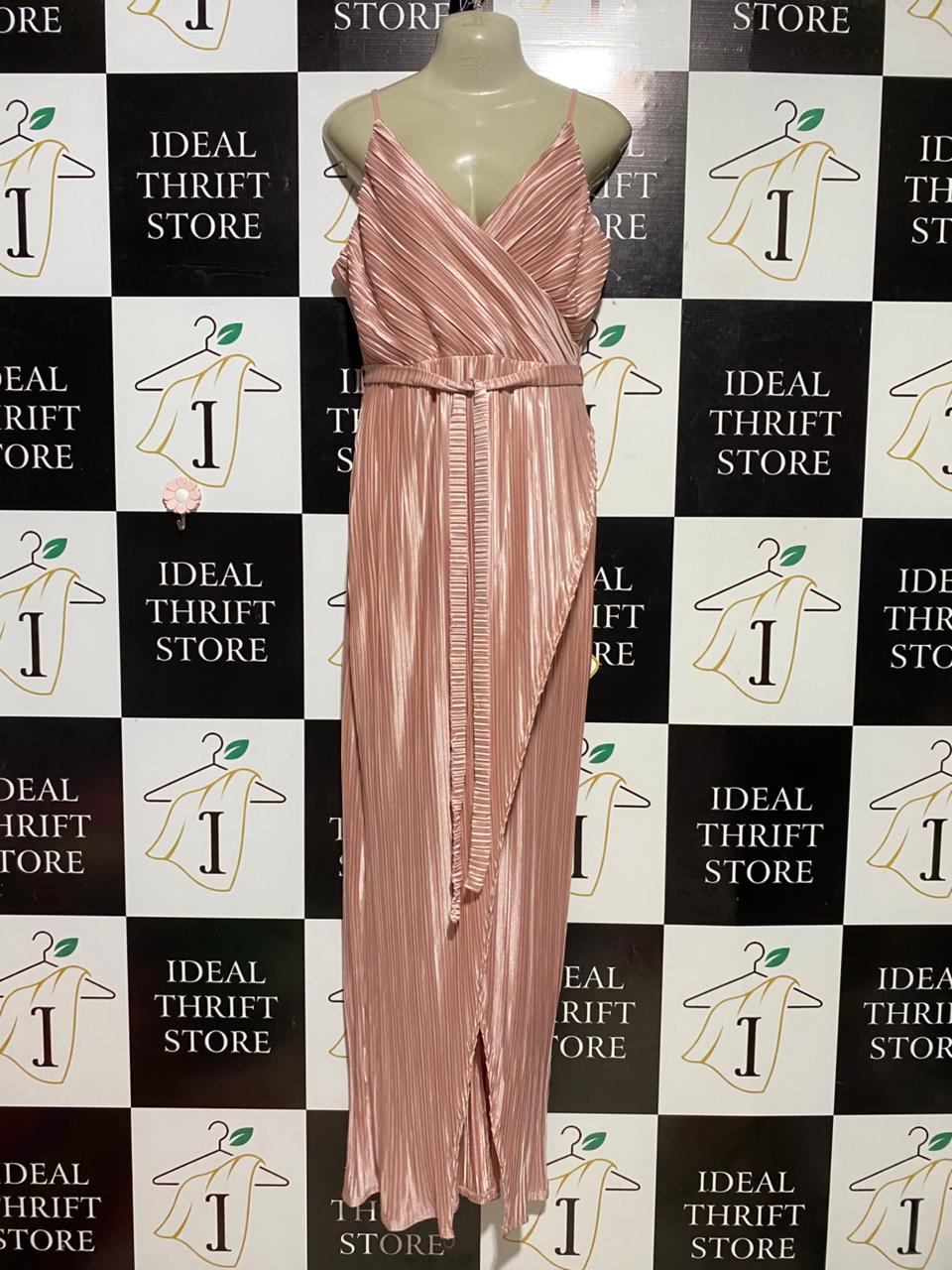 |M| BUST 18| B39| ROSE GOLD METALLIC PLISSÉ PLEATED MAXI DRESS