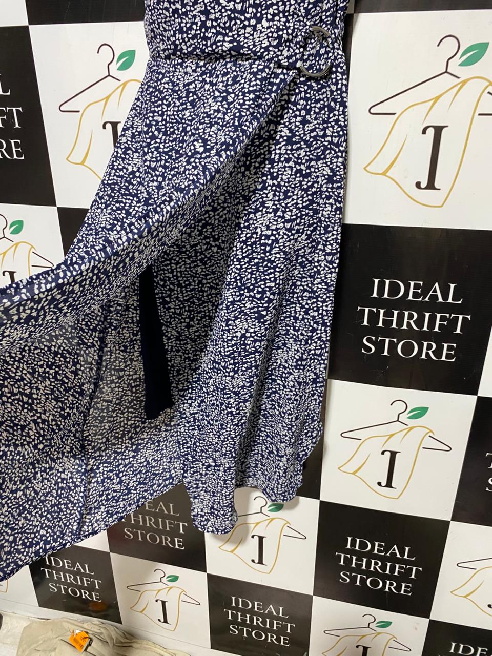 WARE HOUSE |S| BUST 16| B39| NAVY BLUE AND WHITE DOTTED WRAP MIDI DRESS