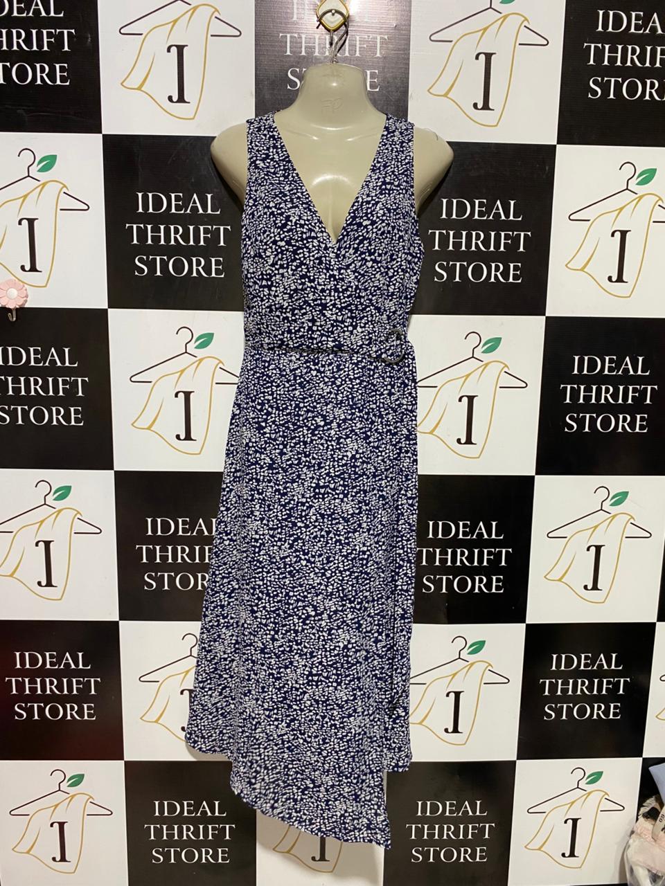 WARE HOUSE |S| BUST 16| B39| NAVY BLUE AND WHITE DOTTED WRAP MIDI DRESS