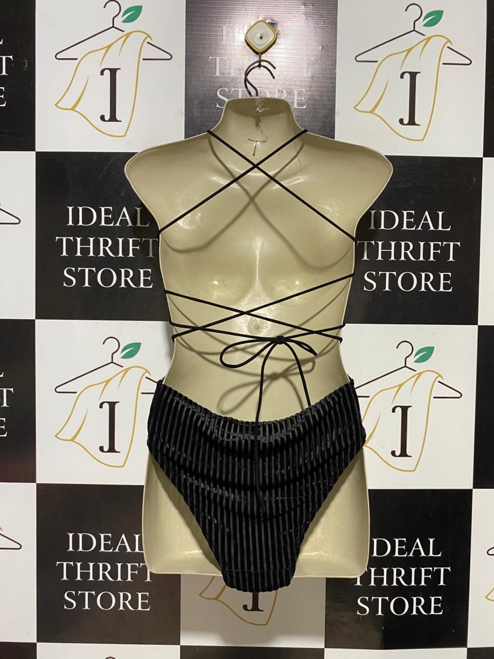 |S| BUST 16| B39| PREMIUM BLACK VELVET STRIPED HALTER BODYSUIT