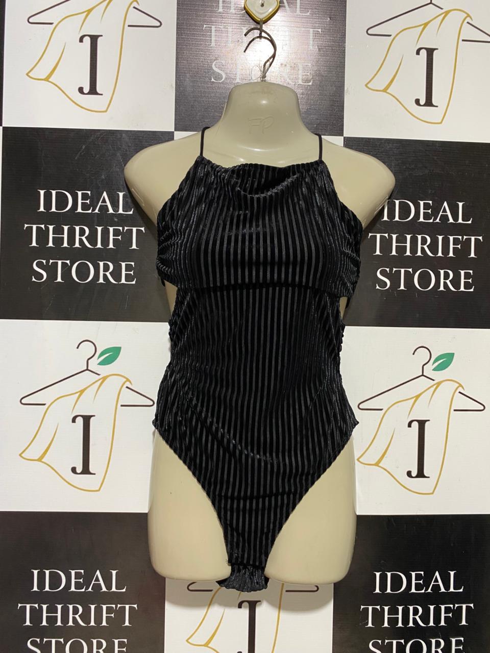 |S| BUST 16| B39| PREMIUM BLACK VELVET STRIPED HALTER BODYSUIT