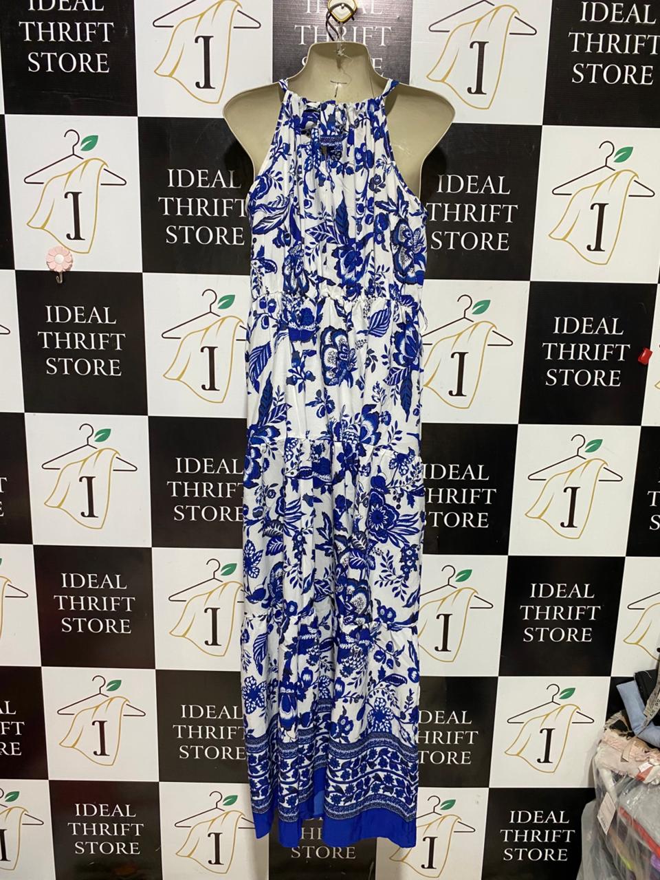 SHEIN |L| BUST 20| B39| ROYAL BLUE AND WHITE FLORAL HALTER MAXI DRESS