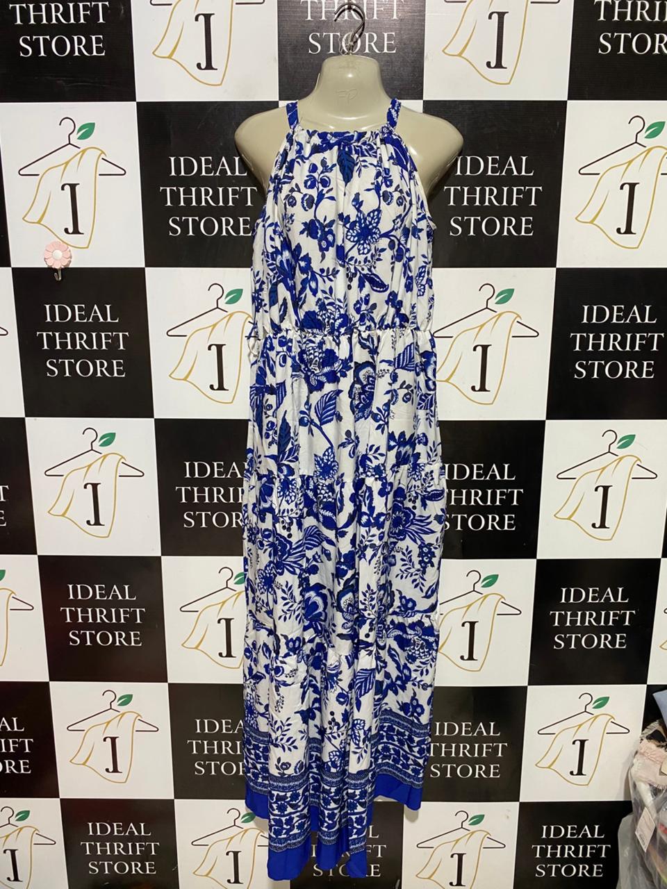 SHEIN |L| BUST 20| B39| ROYAL BLUE AND WHITE FLORAL HALTER MAXI DRESS
