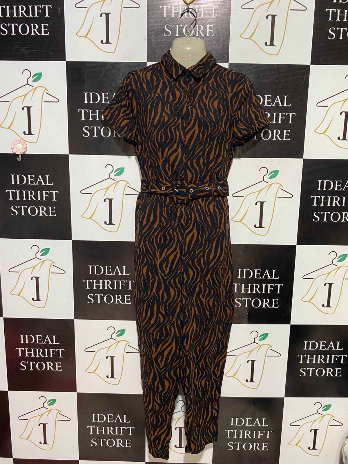 PRIMARK |M| BUST 18| B38| BROWN AND BLACK BUTTON-FRONT SHORT SLEEVE UTILITY JUMPSUIT WITH MATCHING BELT