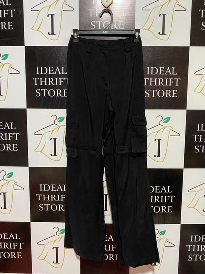 COTTON ON |S| WAIST 26| B38| HIGH-WAISTED BLACK WIDE-LEG CARGO PANTS WITH FLAP POCKETS