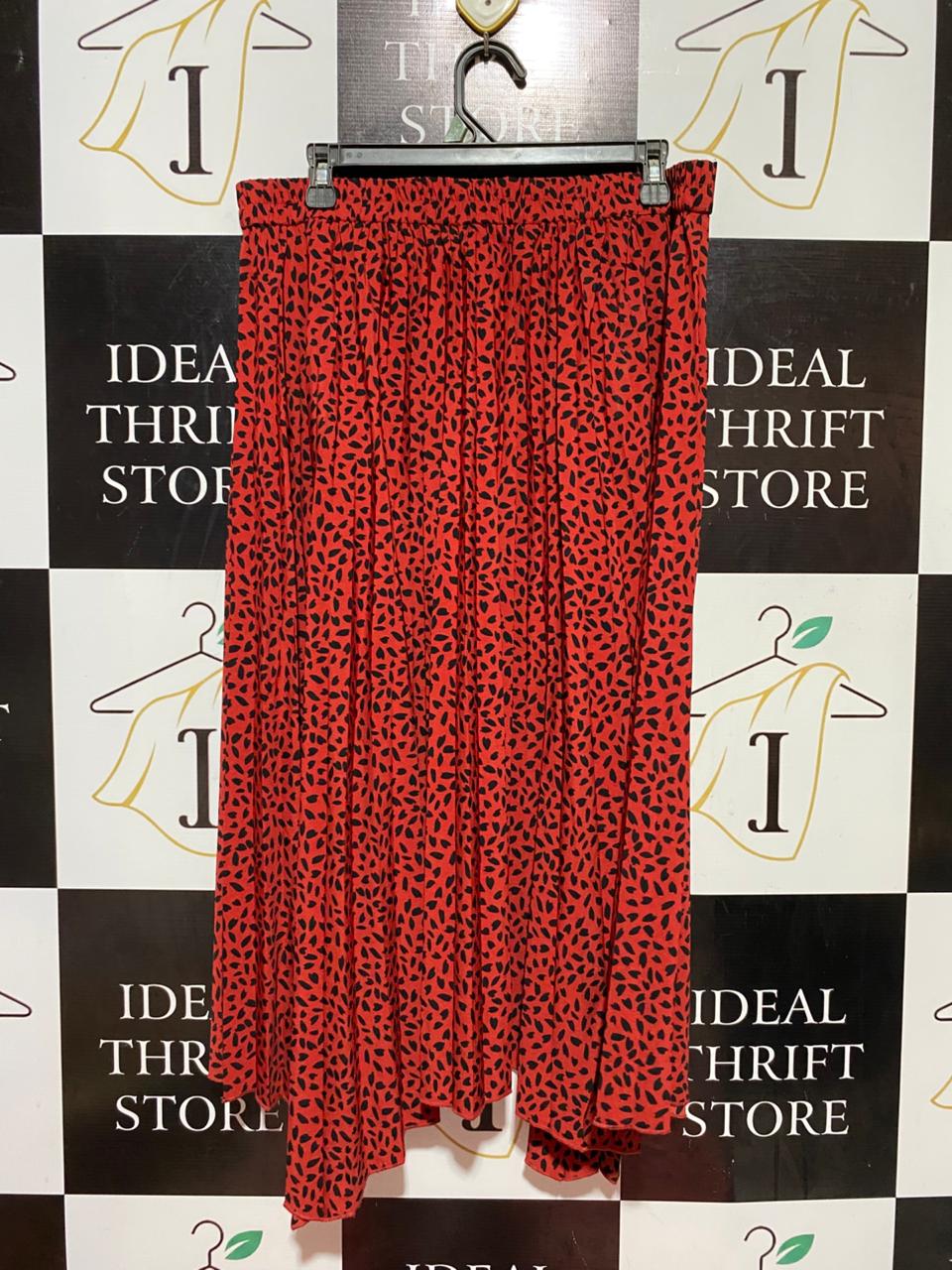 DOTTI |XL| WAIST 32| B38| HIGH-WAISTED RED AND BLACK LEOPARD / ANIMAL PRINT PLEATED MAXI SKIRT WITH TIE-BELT