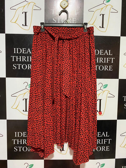 DOTTI |XL| WAIST 32| B38| HIGH-WAISTED RED AND BLACK LEOPARD / ANIMAL PRINT PLEATED MAXI SKIRT WITH TIE-BELT