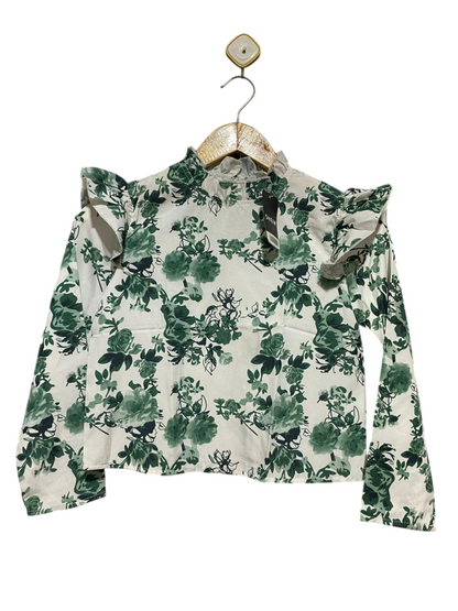 SHEIN |S| BUST 15| B39| GREEN FLORAL PRINT RUFFLE SHOULDER BLOUSE