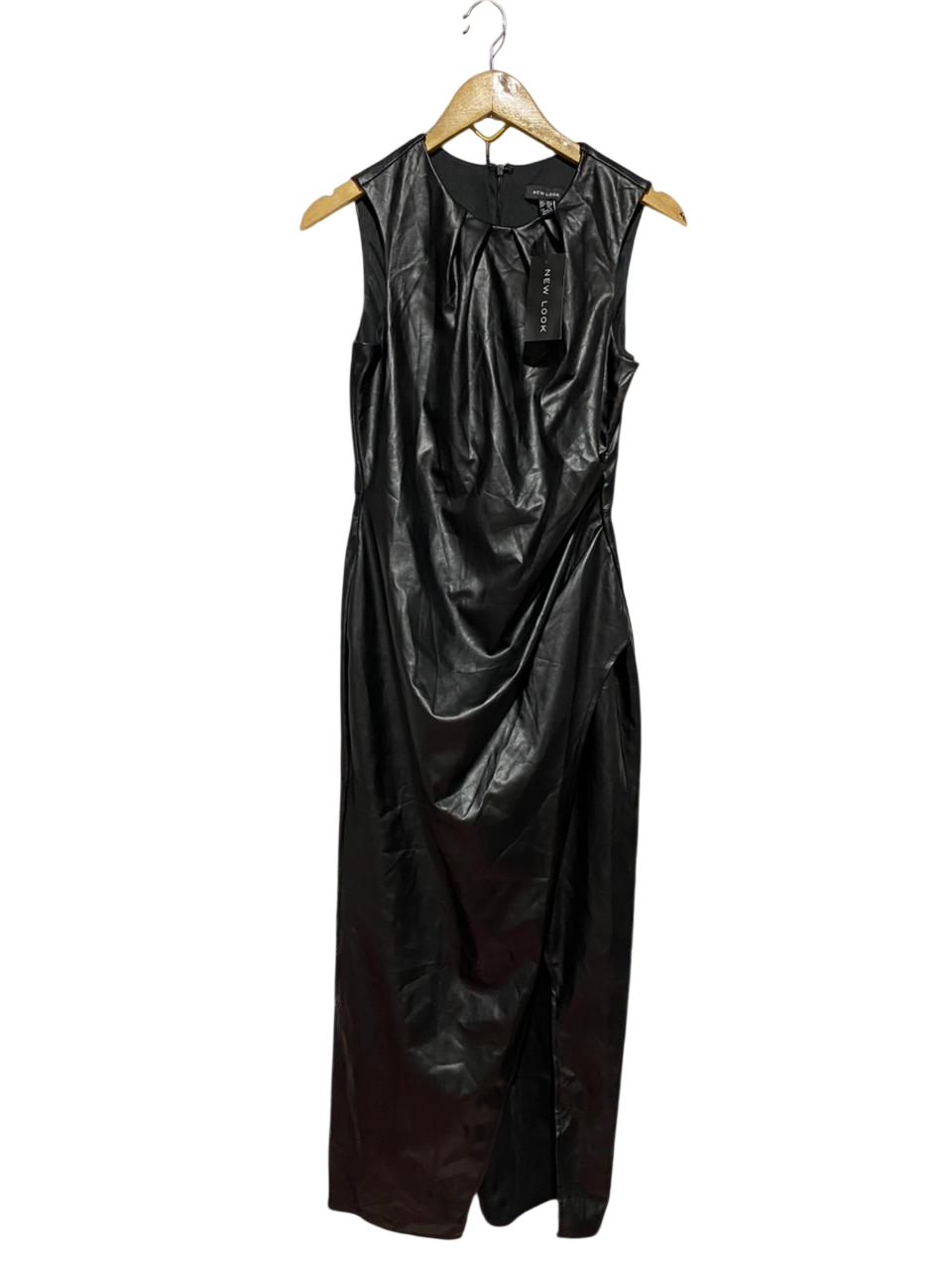 NEW LOOK |M| BUST 16| B39| BLACK FAUX LEATHER SLEEVELESS DRAPED MIDI DRESS WITH SIDE SLIT
