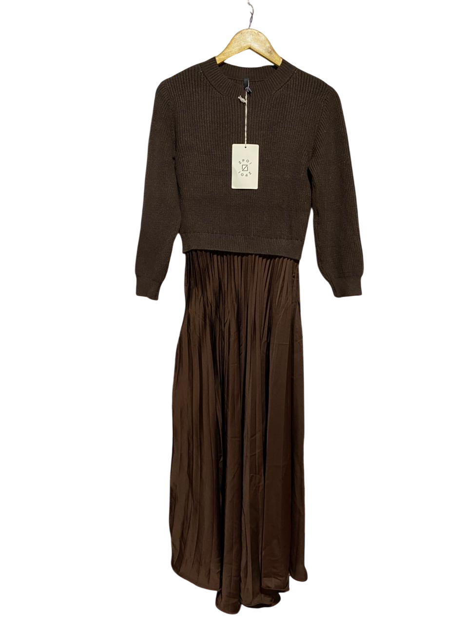 ZPOI |M| BUST 16| B39| COUTURE COFFEE BROWN HYBRID SWEATER DRESS WITH PLEATED SATIN-MATTE MAXI SKIRT