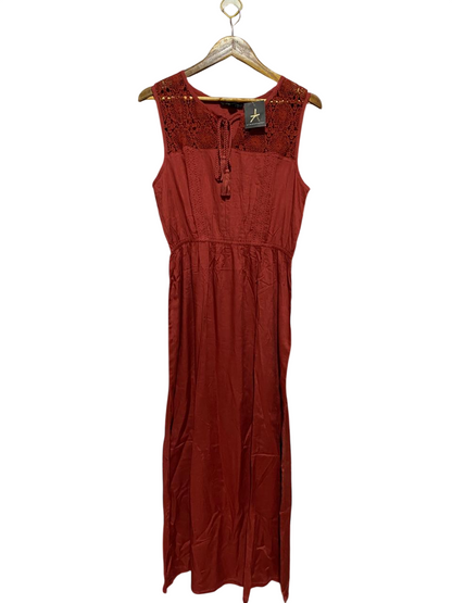 ATMOSPHERE |M| BUST 18| B39| RUST RED BOHO MAXI DRESS WITH CROCHET LACE YOKE AND TASSEL TIE