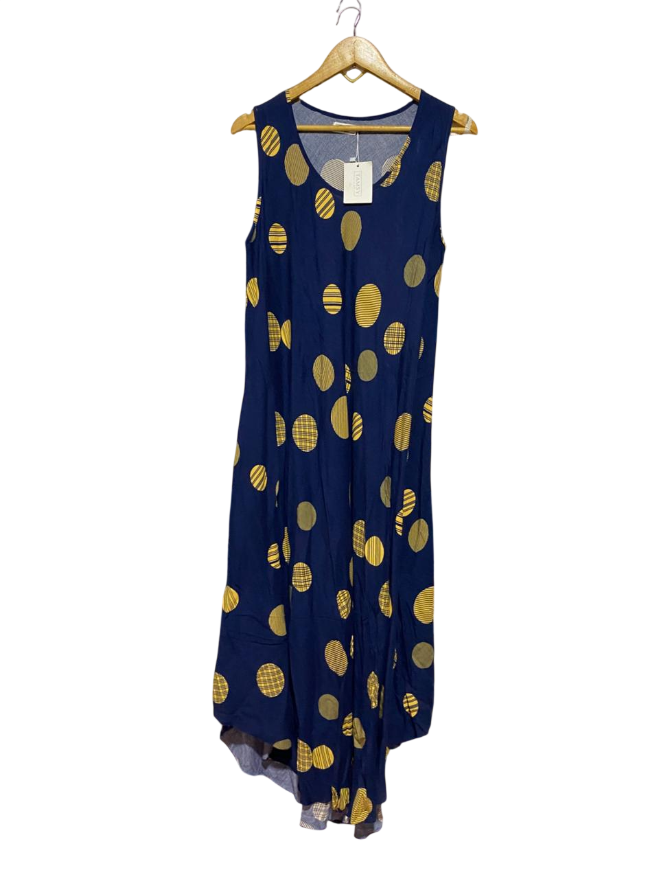 TAMSY |M| BUST 18| B39| DEEP NAVY SLEEVELESS MAXI DRESS WITH ABSTRACT YELLOW POLKA DOT PRINT