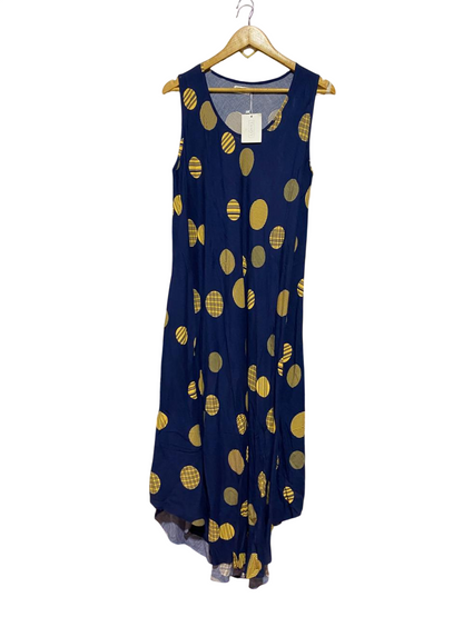 TAMSY |M| BUST 18| B39| DEEP NAVY SLEEVELESS MAXI DRESS WITH ABSTRACT YELLOW POLKA DOT PRINT