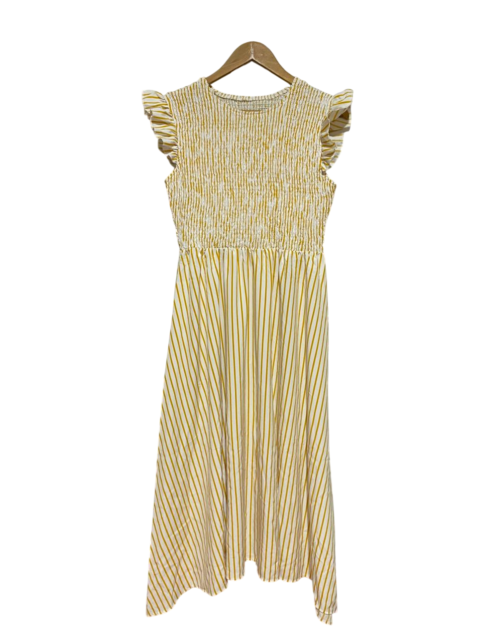 SHEIN |L| BUST 16| B39| YELLOW STRIPED MIDI DRESS WITH SMOCKED BODICE AND RUFFLE SLEEVES