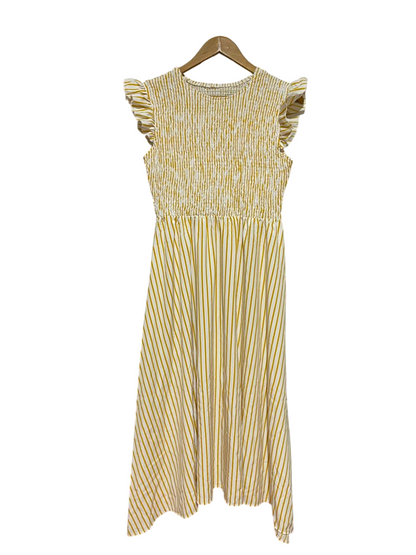 SHEIN |L| BUST 16| B39| YELLOW STRIPED MIDI DRESS WITH SMOCKED BODICE AND RUFFLE SLEEVES