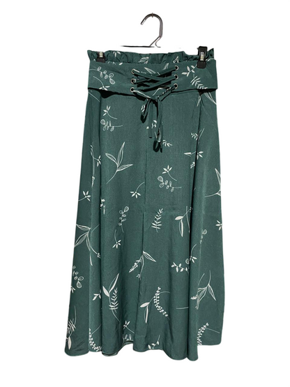 SHEIN |M| WAIST 28| B39| SAGE GREEN LEAF PRINT MAXI SKIRT WITH CORSET LACE-UP WAISTBAND