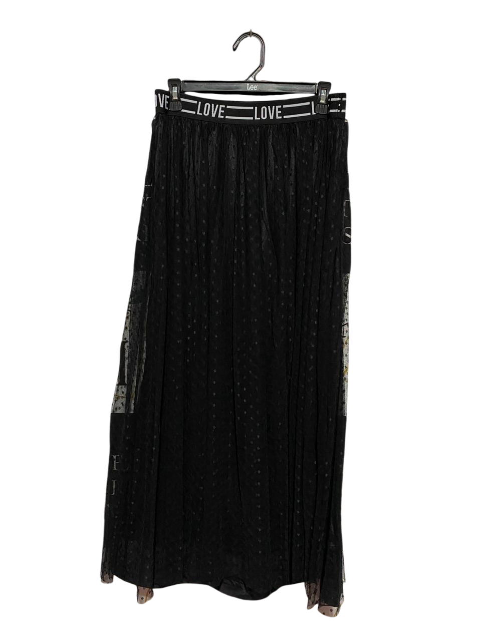 LOVE |L| WAIST 30| B39| CHIC BLACK MESH MAXI SKIRT WITH LOGO PRINT ELASTIC WAISTBAND