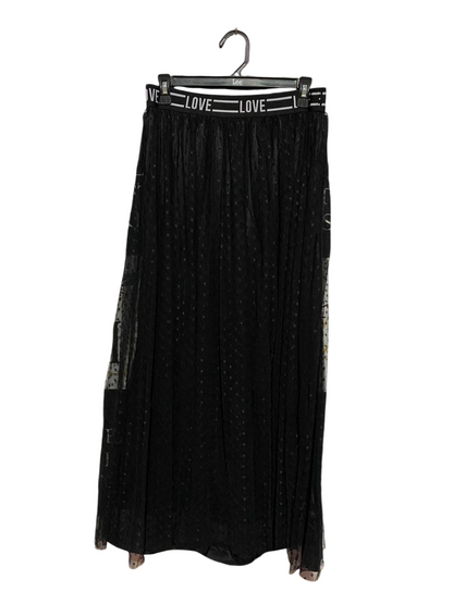 LOVE |L| WAIST 30| B39| CHIC BLACK MESH MAXI SKIRT WITH LOGO PRINT ELASTIC WAISTBAND
