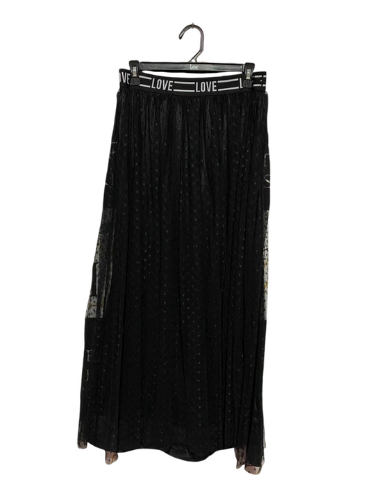 LOVE |L| WAIST 30| B39| CHIC BLACK MESH MAXI SKIRT WITH LOGO PRINT ELASTIC WAISTBAND