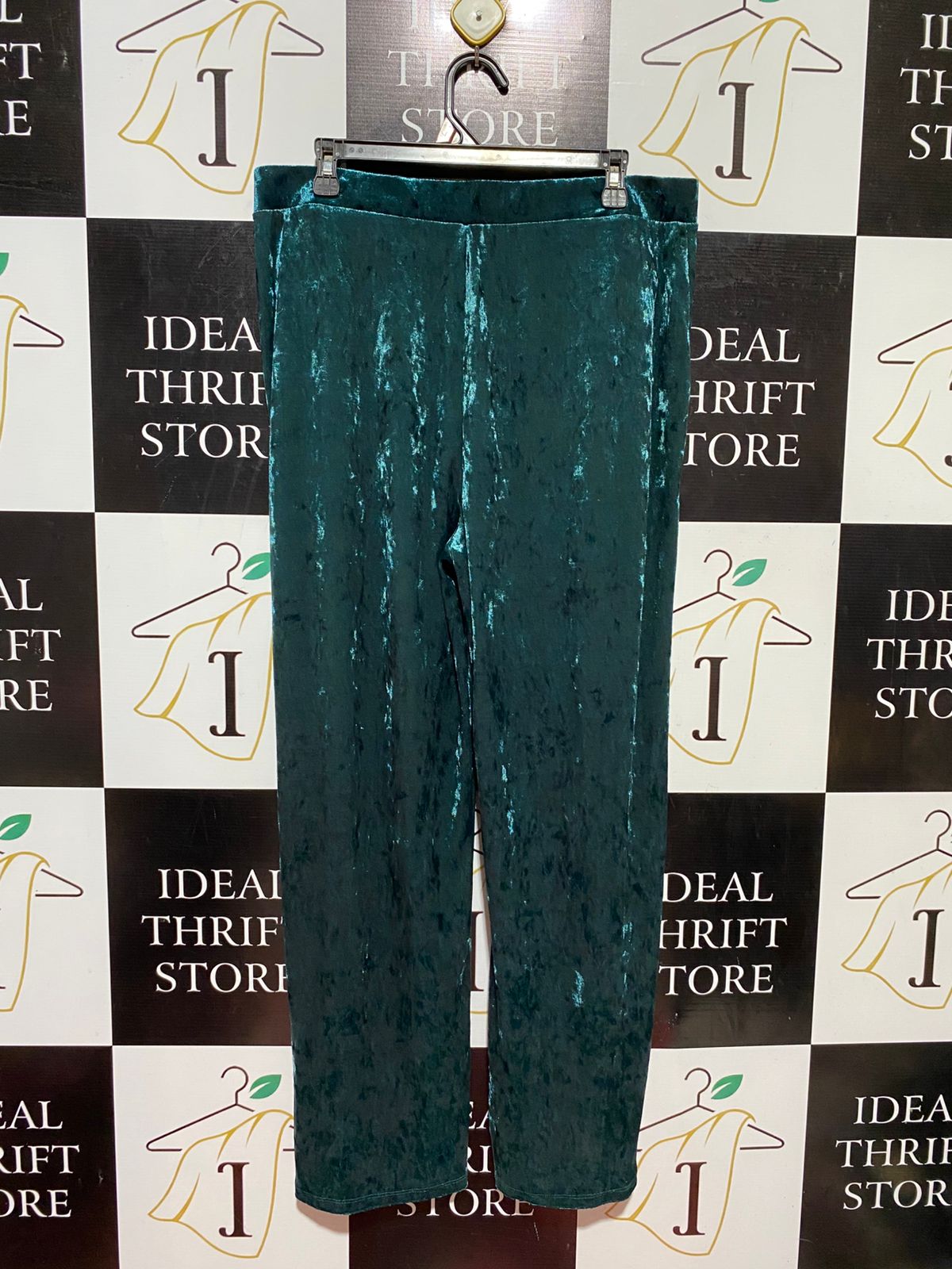 TU WOMAN |XL| WAIST 34| B39| LUXURY EMERALD GREEN CRUSHED VELVET WIDE-LEG PANTS WITH COMFORT ELASTIC WAISTBAND