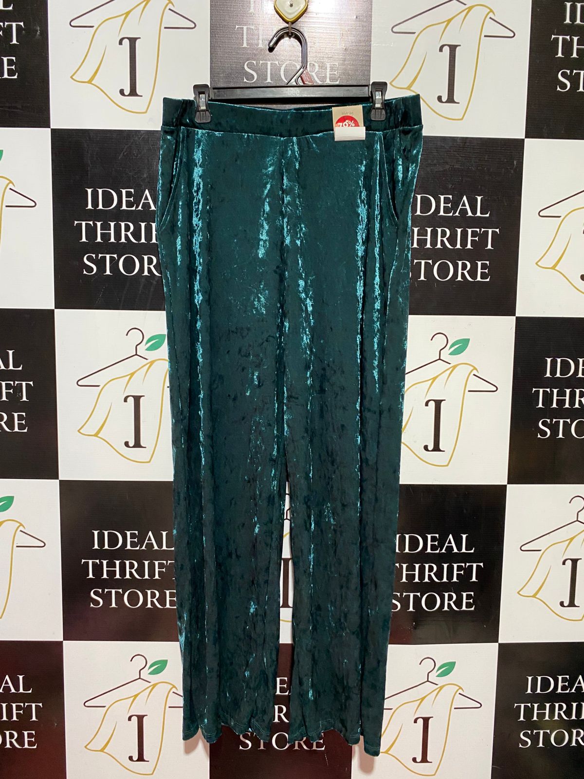 TU WOMAN |XL| WAIST 34| B39| LUXURY EMERALD GREEN CRUSHED VELVET WIDE-LEG PANTS WITH COMFORT ELASTIC WAISTBAND