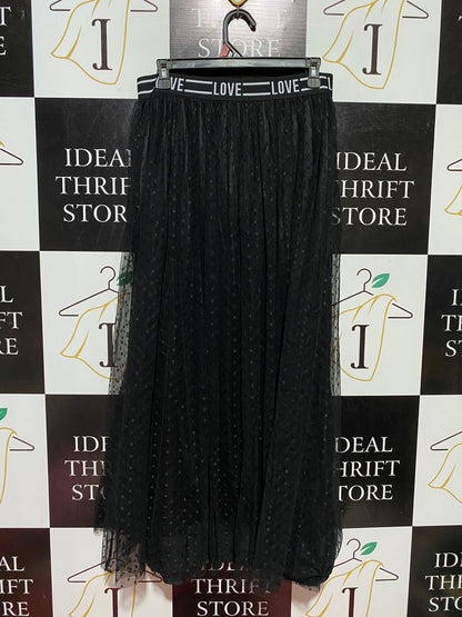 LOVE |L| WAIST 30| B39| CHIC BLACK MESH MAXI SKIRT WITH LOGO PRINT ELASTIC WAISTBAND