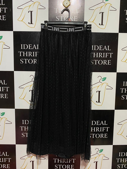 LOVE |L| WAIST 30| B39| CHIC BLACK MESH MAXI SKIRT WITH LOGO PRINT ELASTIC WAISTBAND