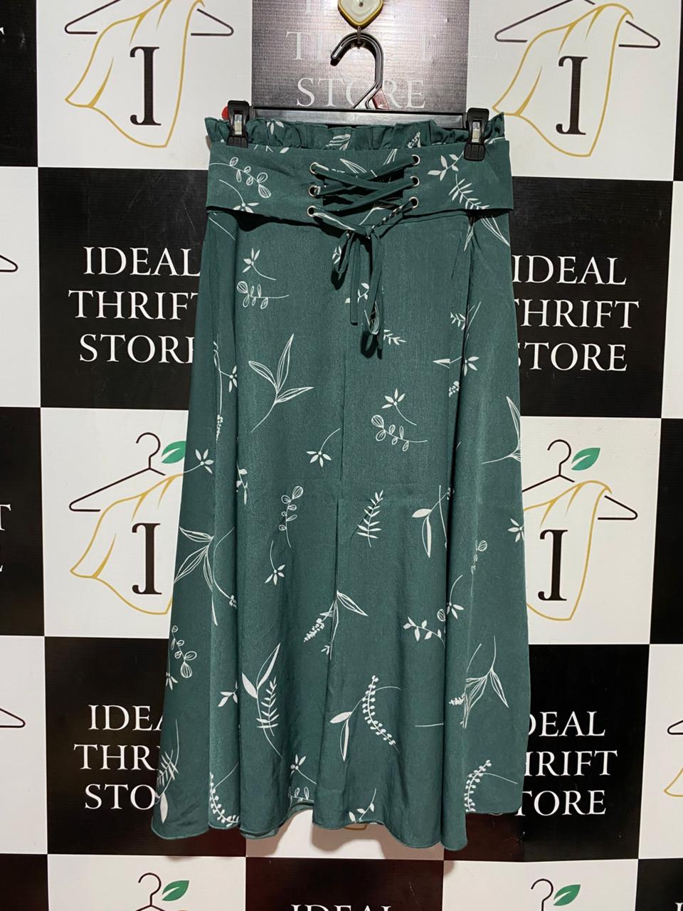 SHEIN |M| WAIST 28| B39| SAGE GREEN LEAF PRINT MAXI SKIRT WITH CORSET LACE-UP WAISTBAND
