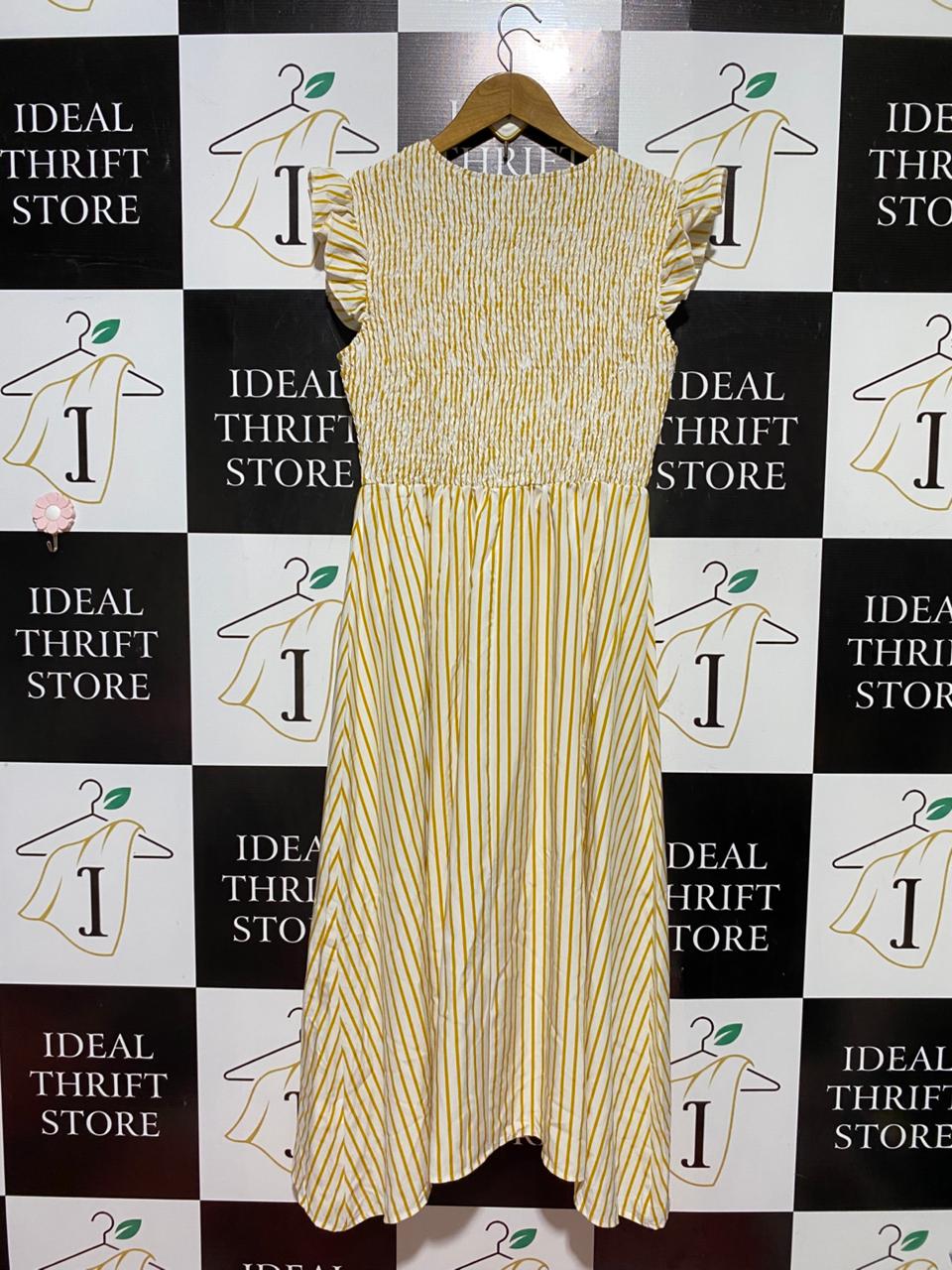 SHEIN |L| BUST 16| B39| YELLOW STRIPED MIDI DRESS WITH SMOCKED BODICE AND RUFFLE SLEEVES