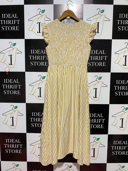 SHEIN |L| BUST 16| B39| YELLOW STRIPED MIDI DRESS WITH SMOCKED BODICE AND RUFFLE SLEEVES