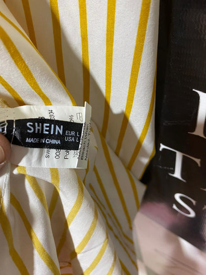 SHEIN |L| BUST 16| B39| YELLOW STRIPED MIDI DRESS WITH SMOCKED BODICE AND RUFFLE SLEEVES