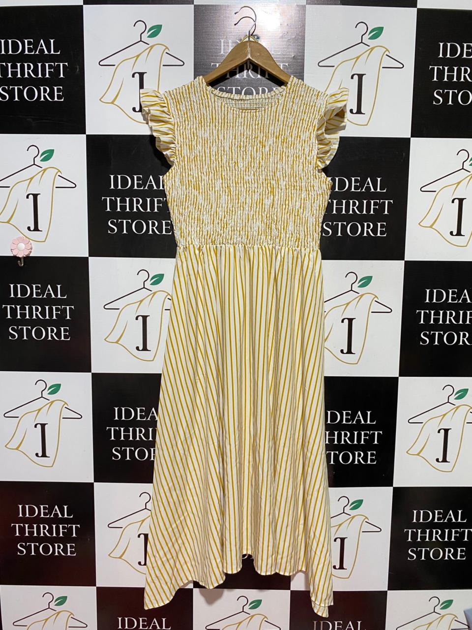 SHEIN |L| BUST 16| B39| YELLOW STRIPED MIDI DRESS WITH SMOCKED BODICE AND RUFFLE SLEEVES
