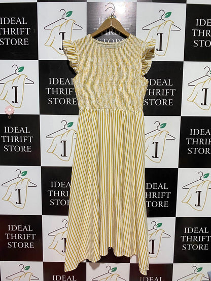 SHEIN |L| BUST 16| B39| YELLOW STRIPED MIDI DRESS WITH SMOCKED BODICE AND RUFFLE SLEEVES