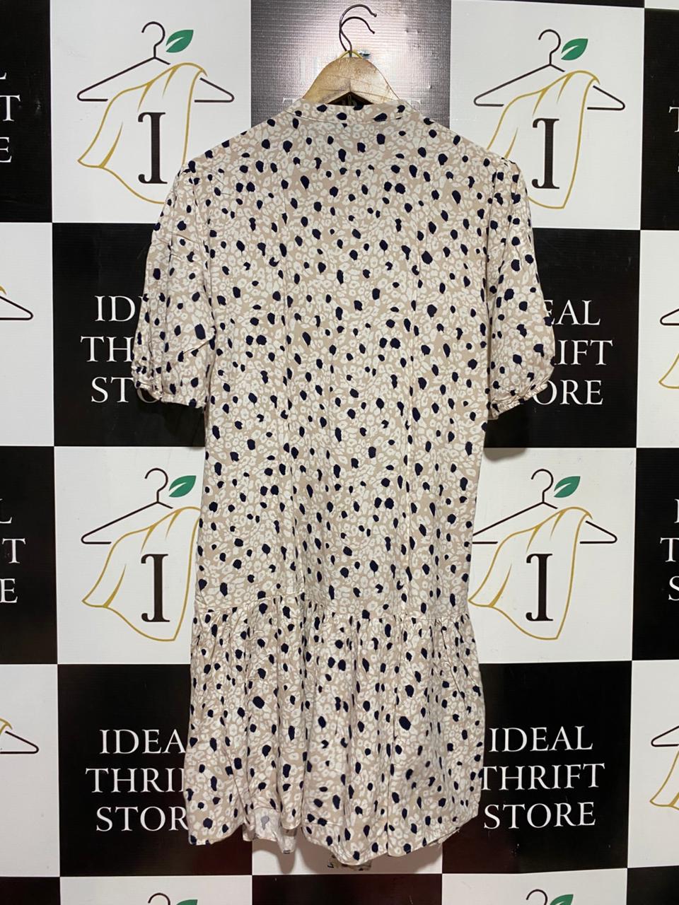 PRIMARK CARES |L| BUST 20| B39| DALMATIAN LEOPARD PRINT BUTTON-DOWN TUNIC DRESS WITH RUFFLE SLEEVES