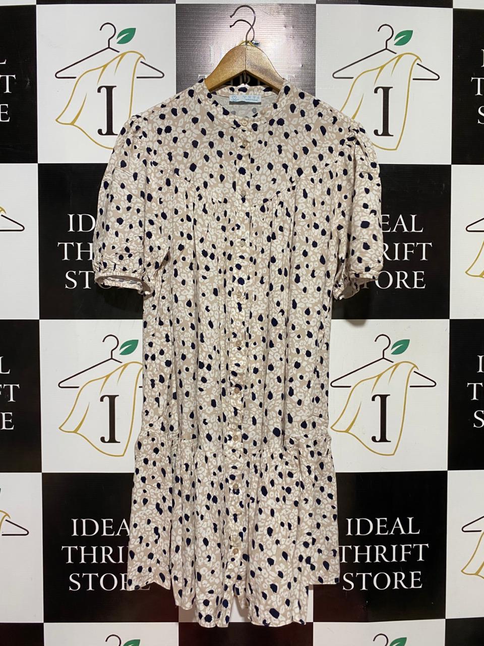PRIMARK CARES |L| BUST 20| B39| DALMATIAN LEOPARD PRINT BUTTON-DOWN TUNIC DRESS WITH RUFFLE SLEEVES