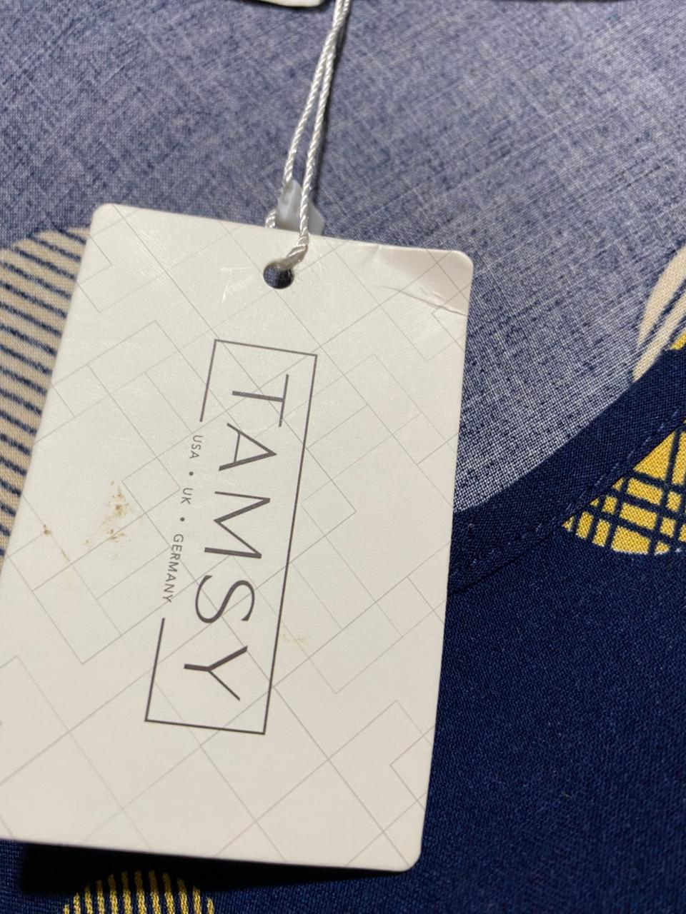 TAMSY |M| BUST 18| B39| DEEP NAVY SLEEVELESS MAXI DRESS WITH ABSTRACT YELLOW POLKA DOT PRINT
