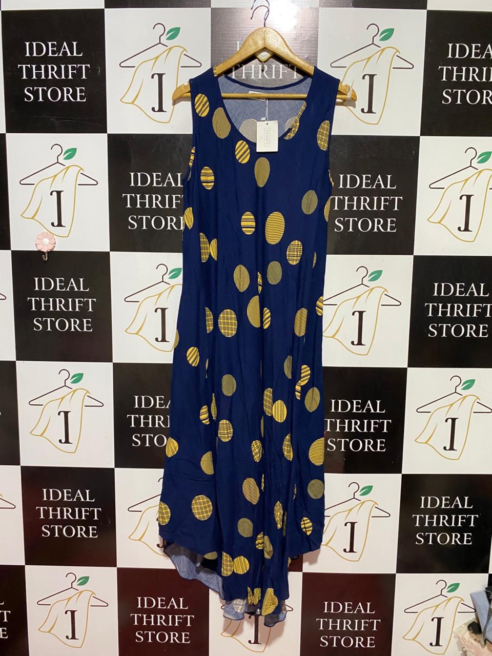 TAMSY |M| BUST 18| B39| DEEP NAVY SLEEVELESS MAXI DRESS WITH ABSTRACT YELLOW POLKA DOT PRINT