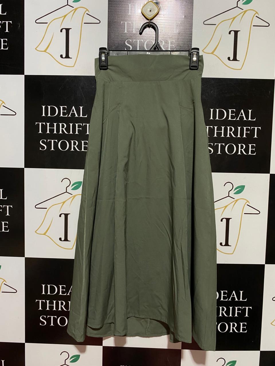 |S| WAIST 25| B39| CHIC MILITARY OLIVE GREEN HIGH-WAISTED MAXI SKIRT WITH FLUID A-LINE SILHOUETTE
