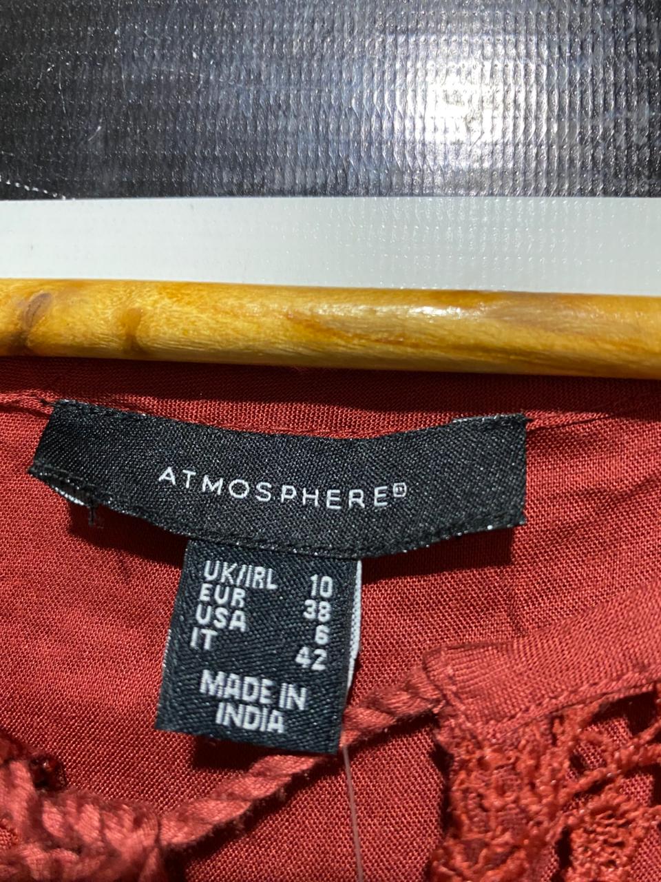 ATMOSPHERE |M| BUST 18| B39| RUST RED BOHO MAXI DRESS WITH CROCHET LACE YOKE AND TASSEL TIE