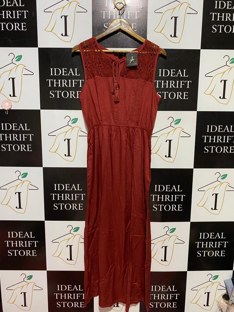 ATMOSPHERE |M| BUST 18| B39| RUST RED BOHO MAXI DRESS WITH CROCHET LACE YOKE AND TASSEL TIE