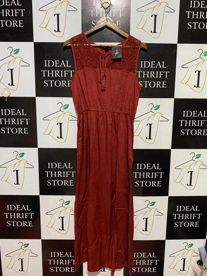 ATMOSPHERE |M| BUST 18| B39| RUST RED BOHO MAXI DRESS WITH CROCHET LACE YOKE AND TASSEL TIE